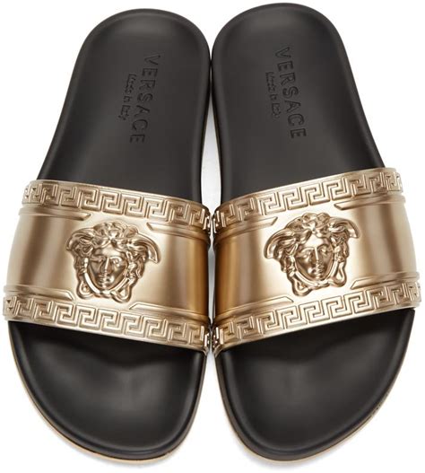 versace gold medusa slide sandals|Versace Medusa chain leather sandals.